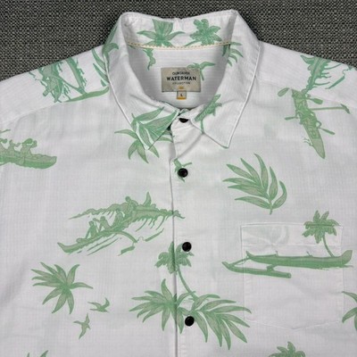 Quiksilver Waterman Mens Shirt L Short Sleeve White Green Native Paddle Boat