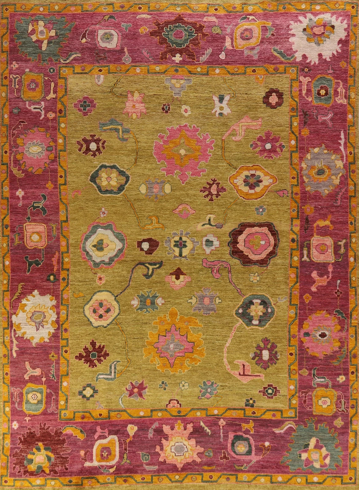 Hand Knotted Oushak Rug Blue Red Wool Turkish Area Rug Tribal Geometric Carpet