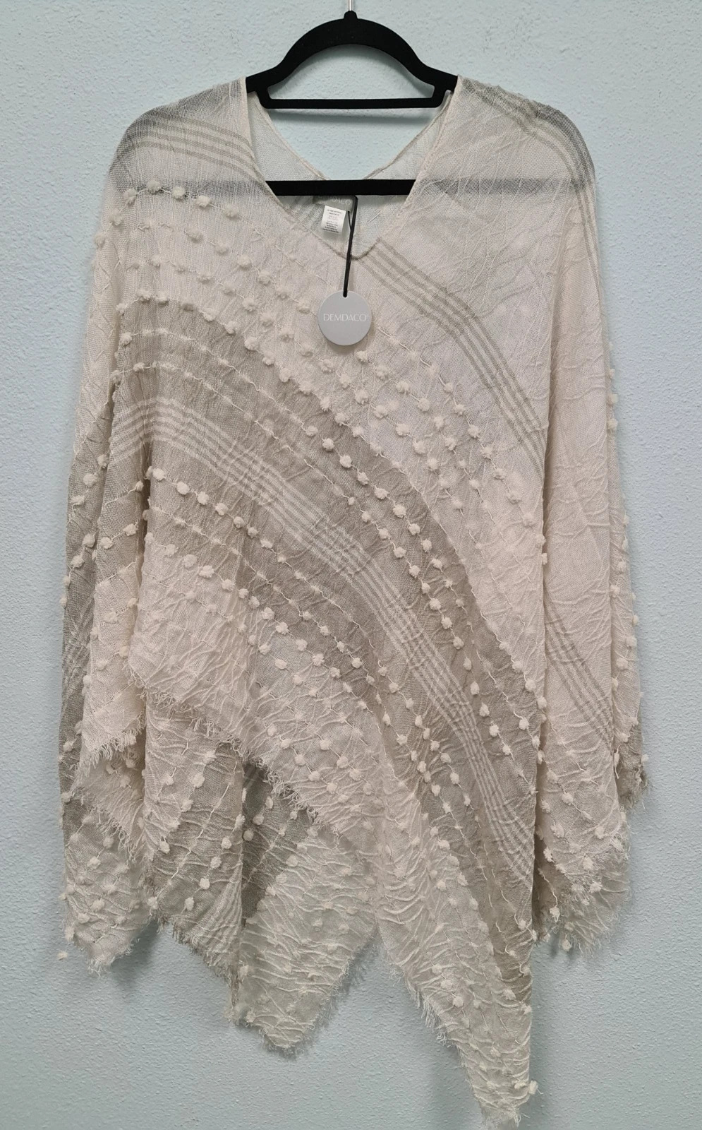 NWT Demdaco Textured Knit Textured Fringe Poncho Sweater White & Gray
