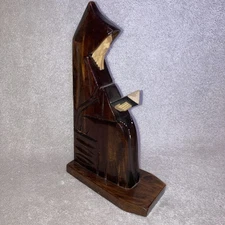Vintage Friar Statue Hand Carved Detailed Wood Priest Figure Reading Book Bible