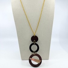 Victoria Marin Boho Vintage Wood Mother of Pearl Inlay Long Pendant Necklace