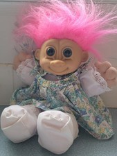 Vintage Russ Troll Doll Large Soft Body Plush Pink Hair Blue Eyes Floral Dress