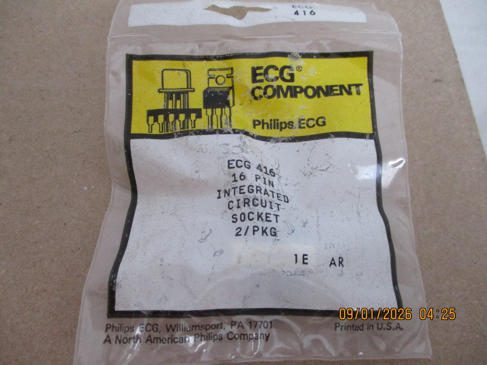 NEW PHILLIPS ECG 416 INTEGRATED CIRCUIT SOCKET, 16 PIN, 2 PC'S LOT.