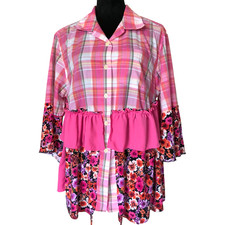 Upcycled Boho Tunic, Handmade Ruffled Patchwork Top Pink, Size Large