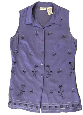 White Stag Women's S (4-6) Tunic Top Sleeveless Purple Bead Button Collar 1990's