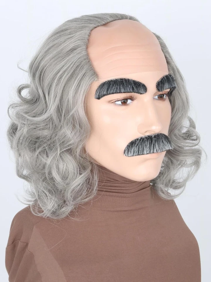 Peluca Viejo con Barba y Cejas Pelucas Divertidas Cortas Gris Calvo Gorra Lado Foto 3 de 4