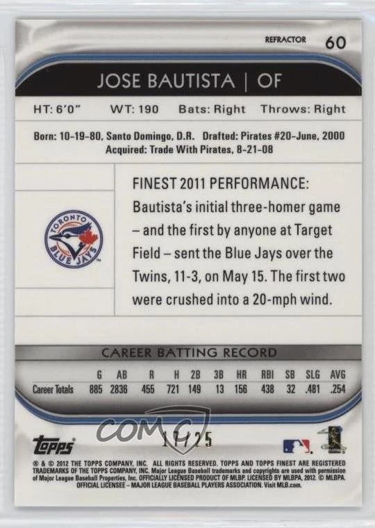 2012 Topps Finest Red Refractor /25 Jose Bautista #60 - Image 2 of 2