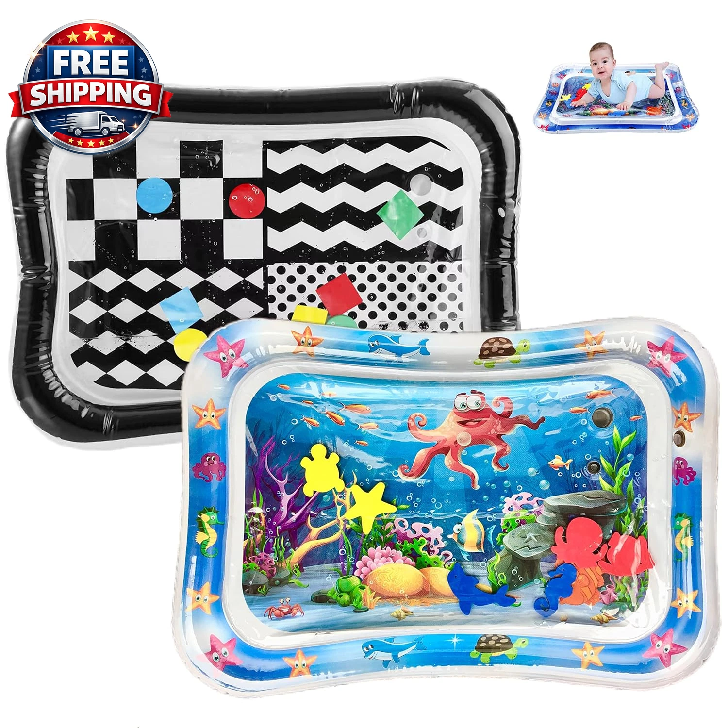 2 Pack Tummy Time Water Mats for Baby, Inflatable Water Play Mats Toys for Infan