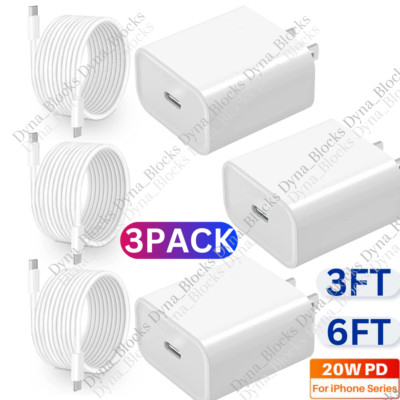 3Pack 20W USB Type C Fast Charger PD Power Adapter Cable For iPhone 14 13 12 Lot