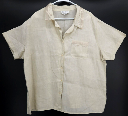 Jordan Linen Blouse Top Beige Button Front Embroidered Floral Designs Size 22W