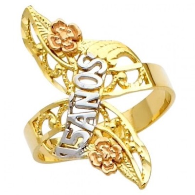 14K massiver dreifarbiger Goldring Quitte Anos süß 15 Blumen Blätter Anillo de Oro