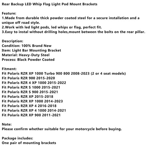 Rear Backup LED Whip Flag Light Pod MountBrackets For Polaris RZR XP 1000 900 T8 - Picture 8 of 12