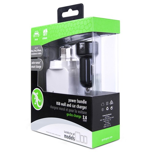 Gecko White USB Adapter & Black Car Travel AC Charger For iPhone iPad Smartphone - Picture 7 of 7