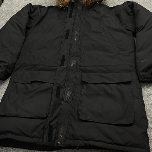 Vintage Woolrich Men's L Black Down Fur Hooded Parka Coat Jacket - Picture 3 of 11