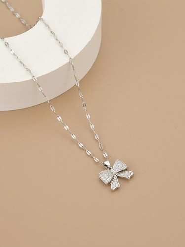 Collana con ciondolo fiocco strass pieno acciaio inox gioielli donna - Foto 6 di 8