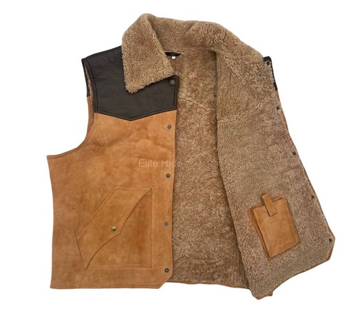 Men's Brown Sheepskin Leather & Real Shearling Fur Gilet Vest Jacket XXS - 6XL - Picture 7 of 9