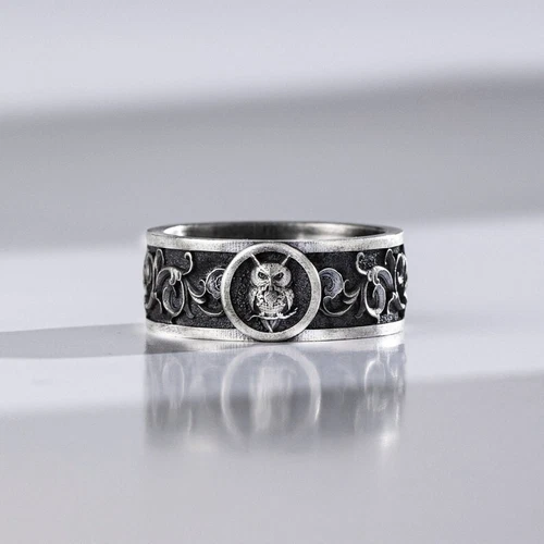 Vintage Silver Owl Ring - Men's Gothic Band, Engraved Nature Men's Jewelry