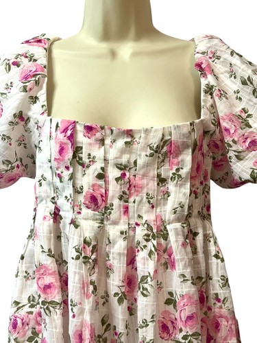 Sky To Moon Women's Teen Mini Dress Size L Floral Pink White Puff S/S Open Back - Picture 3 of 19