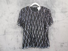 Vintage Adrianna Papell Blouse Womens XL Beaded Silk Sequin Top Evening Black