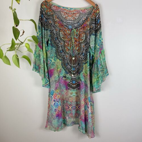 Inoa Size 16 (2) Dress 100% Silk Midi Kaftan Long Sleeve Tie Bust
