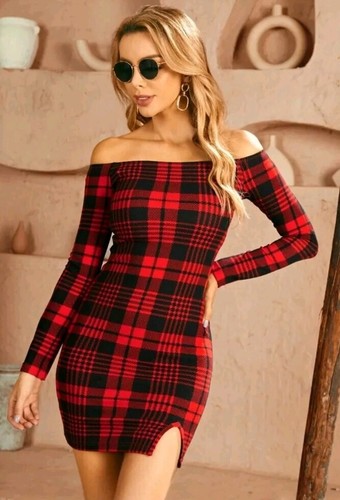 SHEIN Privé Plaid Print Off Shoulder Split Hem Bodycon Dress Large 8/10 - Picture 3 of 3