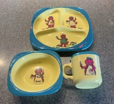 Vintage 1992 Barney Loves To Paint Divided Plate, Bowl  Sippy Cup