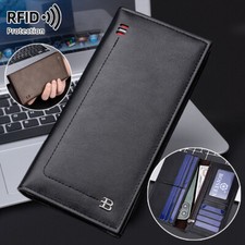 RFID Mens Long Billfold Leather Wallet Checkbook Card Cash Holder Purse Handbag