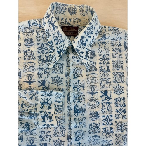 Vintage Sears Kings Road Shop Blue Novelty Print Shirt 70s Medieval Print Medium