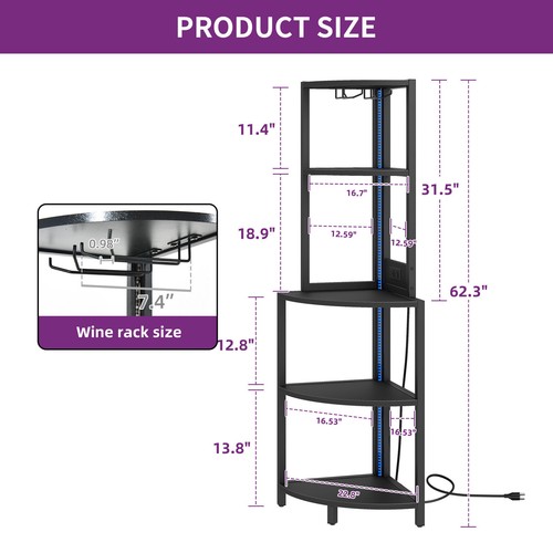 5 Tier Corner Bookcase Shelf w/ Power Outlets LED Lights & Glass Holder Bar Rack - Picture 18 of 27