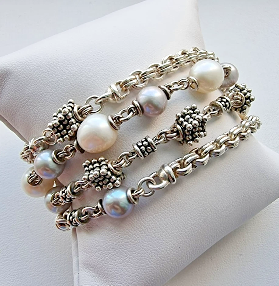 MICHAEL DAWKINS 925 STERLING SILVER WHITE AND GRAY PEARL 4 CHAIN BRACELET 72.9 g - Image 4 of 4