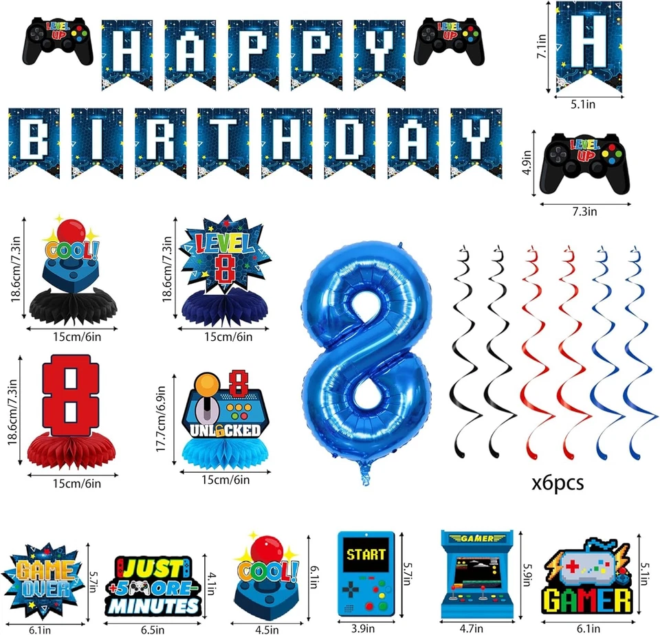 Videojuego Vlipoeasn 8º Cumpleaños Decoraciones para Niños, Azul Nivel 8  Foto 2 de 4