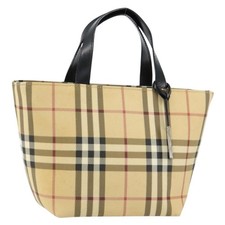 BURBERRY Nova Check Hand Bag PVC Beige Silver Auth BA8235