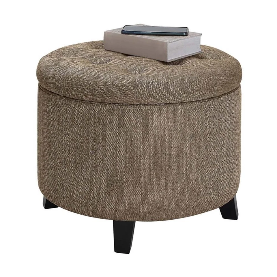 Pemberly Row Modern Round Storage Ottoman in Cappuccino Fabric - Image 3 of 4