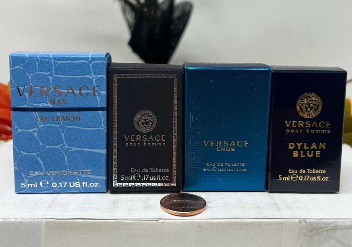Versace 香水セット (青) Versace 4pc Mini Gift Set Eau Fraiche, Pour Homme, Eros, Dylan