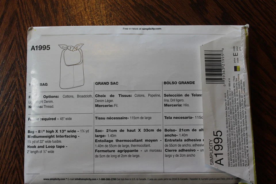 Simplicity A1995 Easy Tote One Size Sew Simple Shopping Uncut Pattern - Image 2 of 3