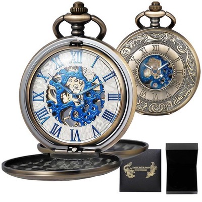 Skeleton Pocket Watch Mechanical Roman Numerals with Chain & Box - Vintage Style