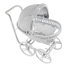 Dollhouse Miniature Baby Stroller Pram Victorian Style White Metal Mesh Vintage