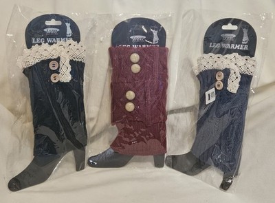 Lot Of 3 Icon Ladies Cable Knit Leg Warmers Lace & Buttons, Red, Blue & Black