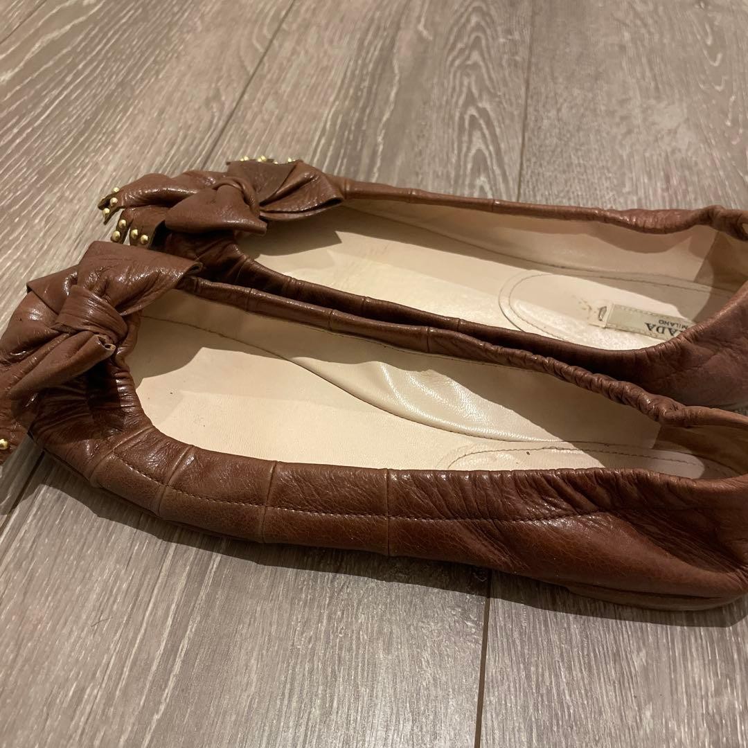 PRADA Women's Pumps Ribbon Flats Size:38/JP:24 Leather Brown 135143K Authentic thumbnail 6