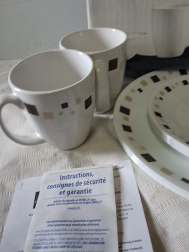 Corelle 16peice Vtg Dinnerset Geometric Design Brown/green On White Preowned - Picture 3 of 5