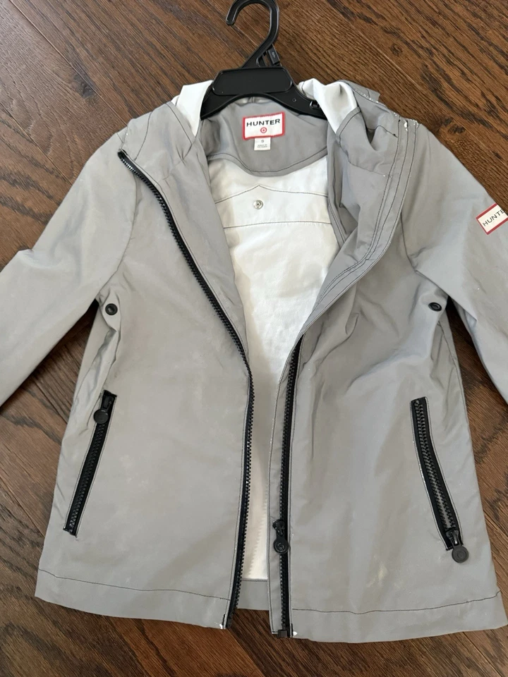 Chaqueta de Lluvia Hunter Niños Talla S Gris Con Reflejo Plateado Impermeable Con Cremallera Foto 3 de 4