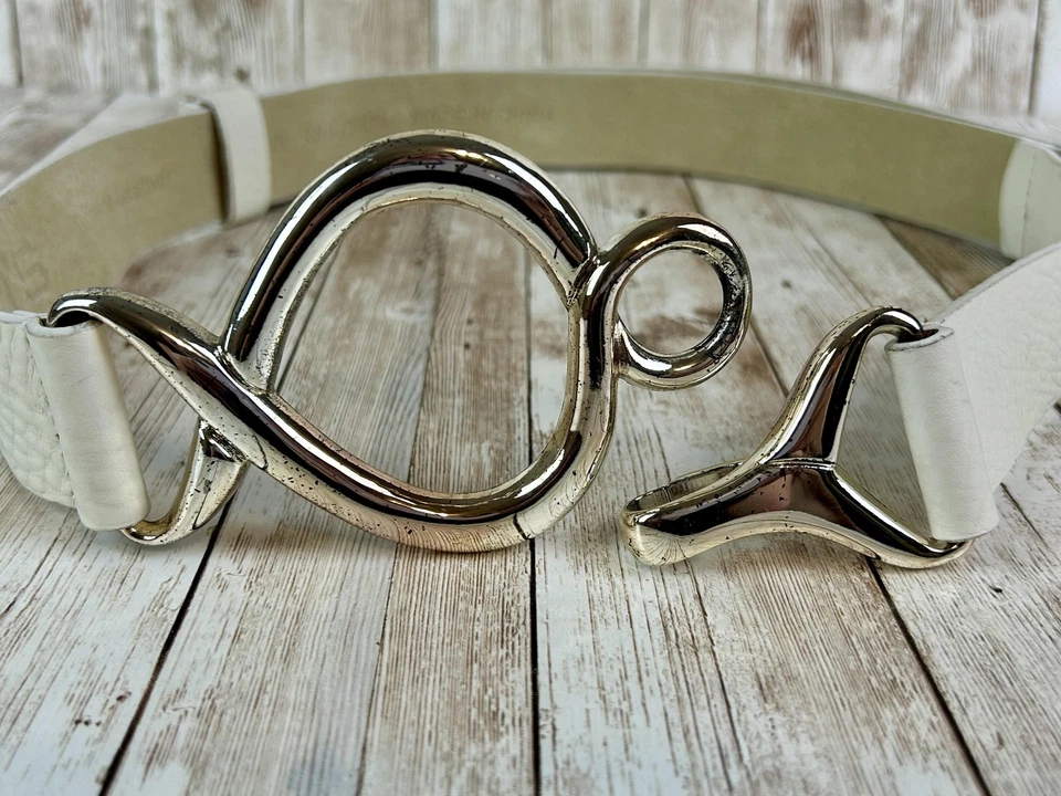 Cinturón Chico's Mujer M/L Blanco Cuero Genuino Tono Dorado Gancho Hebilla Declaración Foto 3 de 4