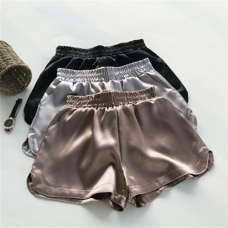 Women Satin Shorts Faux Silk Hot Pants Shiny Wide Leg