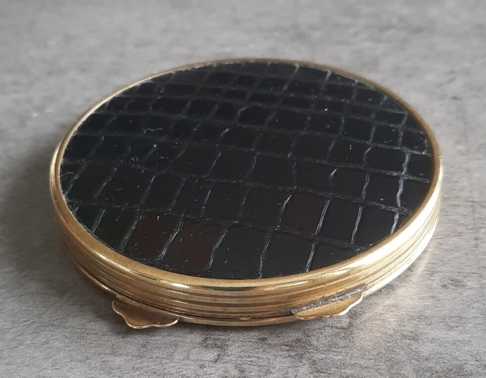 ANCIEN POUDRIER DE SAC EN LAITON ET CUIR NOIR VINTAGE - Photo 2/4