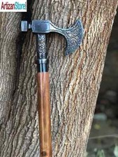Vintage Style Brass Axe Head Handle Nautical 37"Wooden Walking Stick Cane Gift
