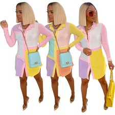 NEW Stylish Women Long Sleeves Buttons Color Block Patchwork Shirt Dress Club