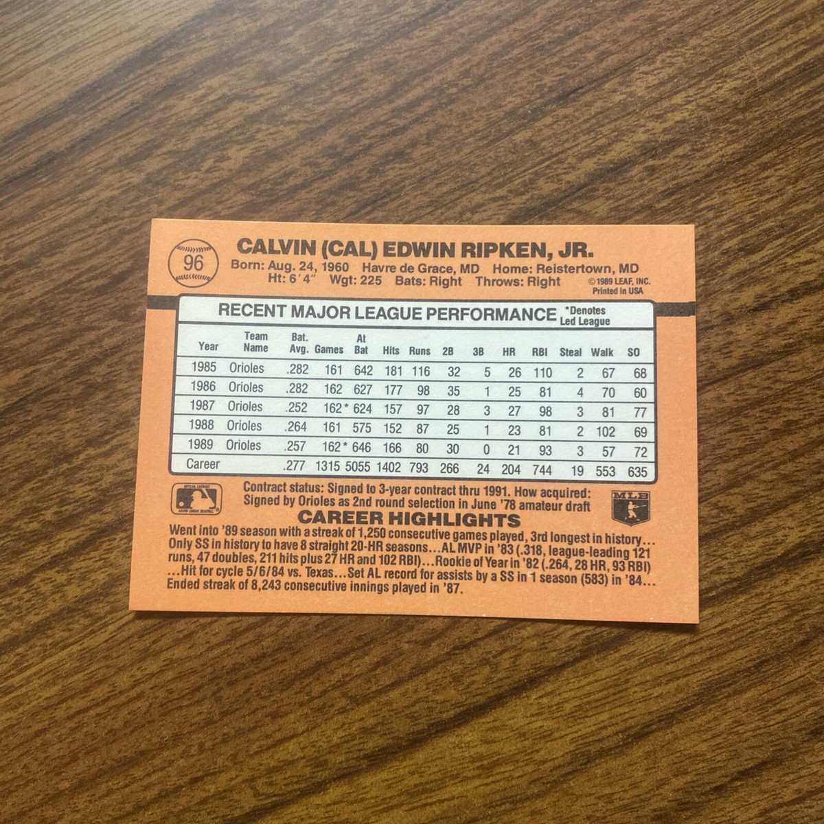 1990 Donruss Cal Ripken Jr. #96 ERROR Card. Extremely Rare See