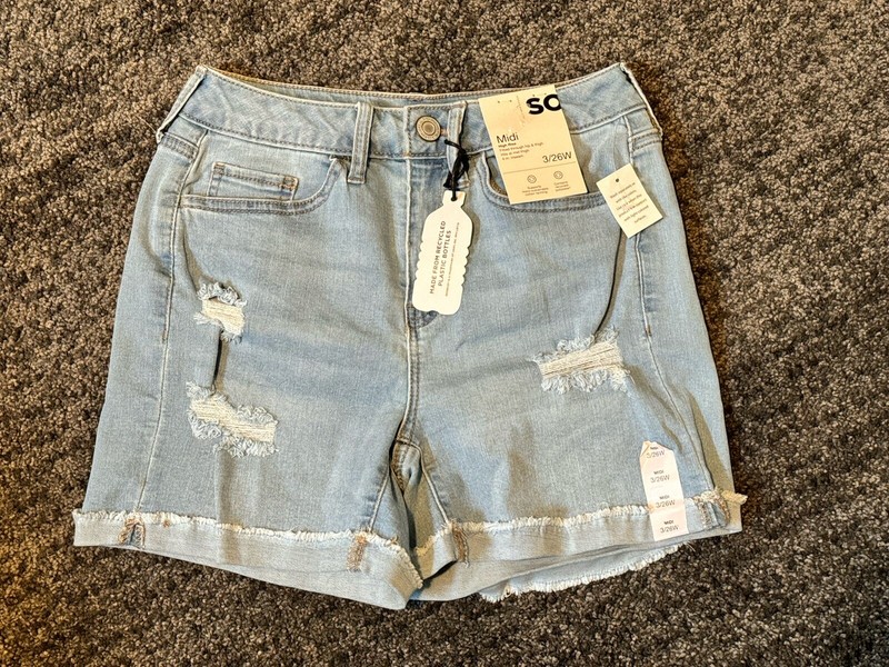 SO Jean Shorts Juniors Size 3 Blue Cuffed Distressed Midi Curvy High Rise