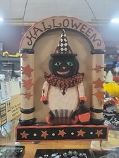 Vintage 2005 Halloween Black Cat Wood Door Hanging 14"