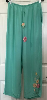 Key Lime Pie Easy Care Pants Pull On Embroidered Floral Summer Boho Green XL